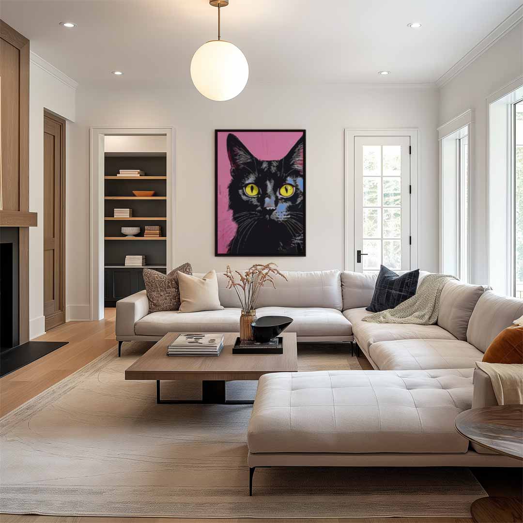 Kunstwerk: Katze mit gelben Augen auf rosa Hintergrund