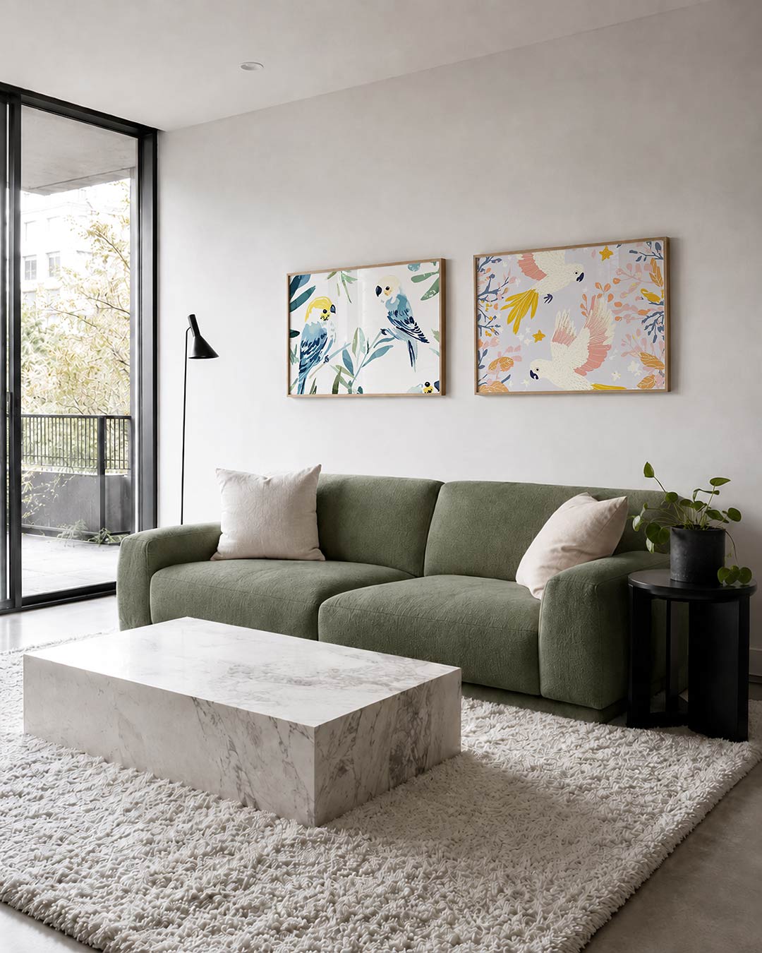 Tweedelige posterset met twee vogels in zachte tinten blauw en geel, omringd door groene bladeren, getoond in een interieur