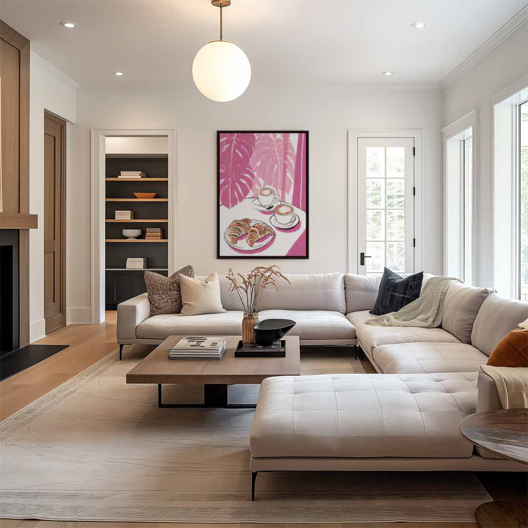 Koffie en Croissants in Roze Oase Kunstwerk-canvas-dibond-plexiglas-wanddecoratie-WallArtistic