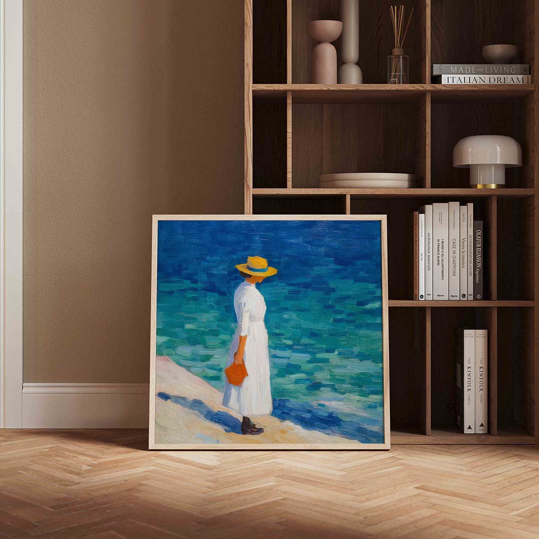 Vrouw met hoed aan zee Poster