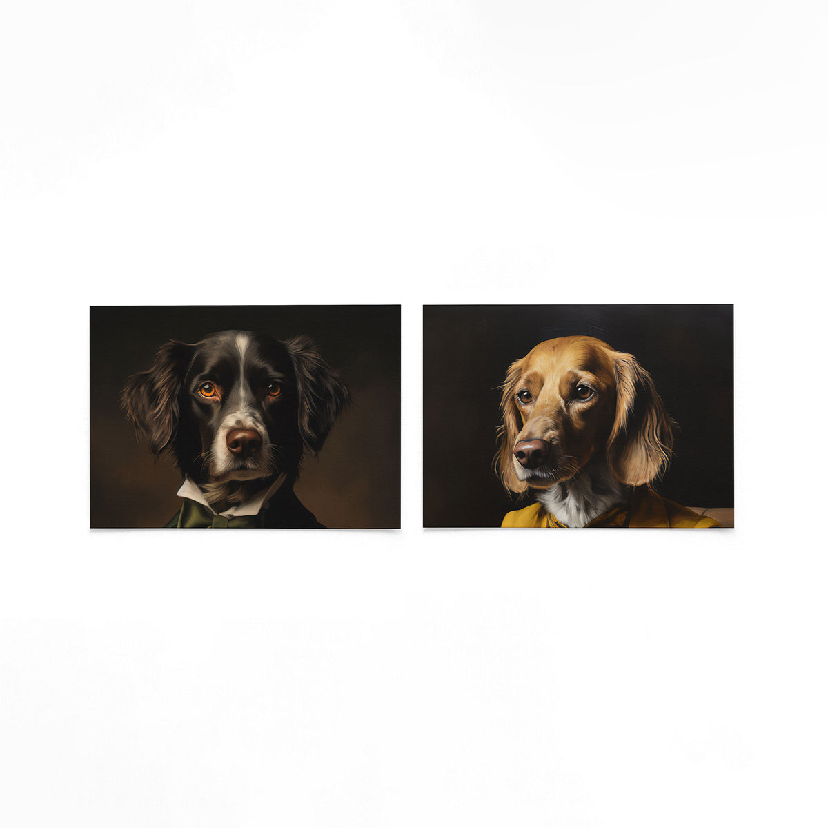 Twee liggende posters met een hond met een donkere vacht en levendige ogen op een gebroken witte achtergrond