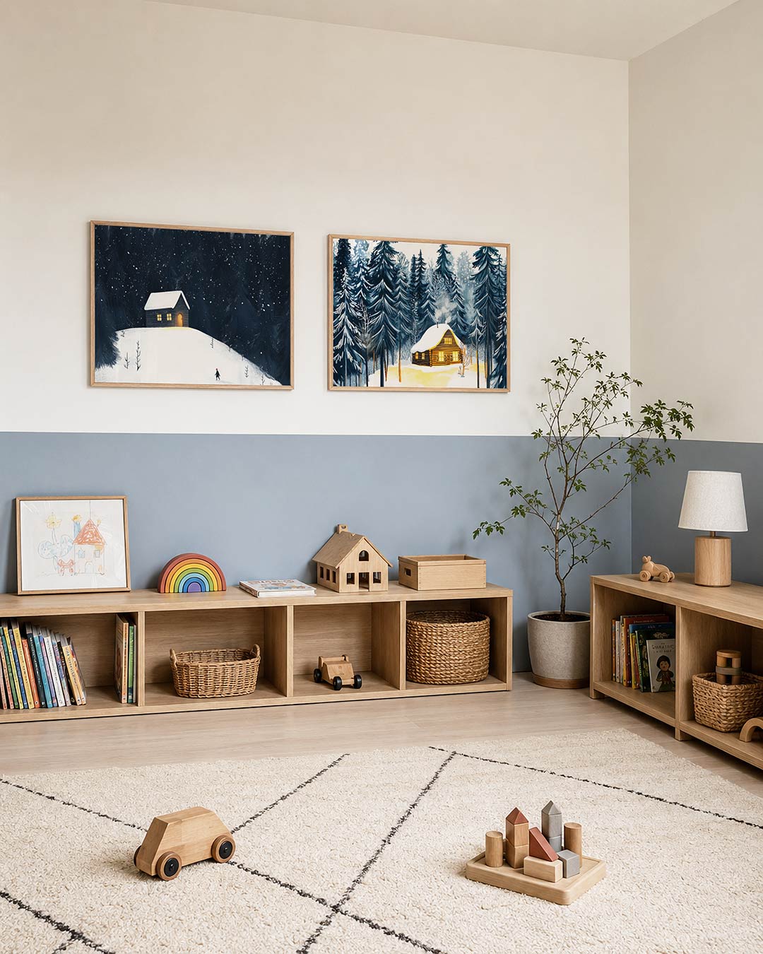 Twee liggende posters met een eenzaam huisje op een besneeuwde heuvel, aan de muur in een interieur