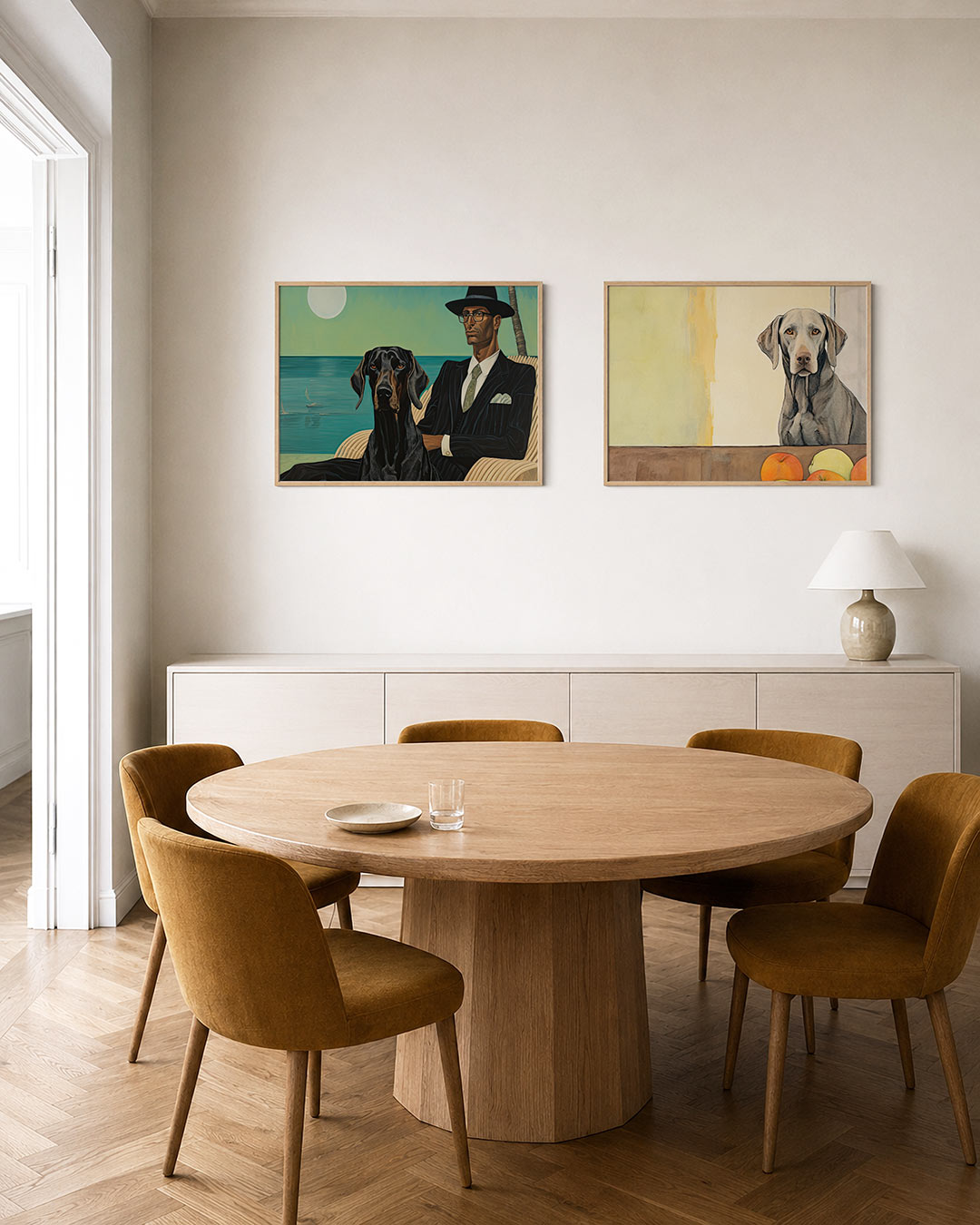 Tweedelige posterset met een man in een zwart pak en hoed naast een hond, getoond in een interieur
