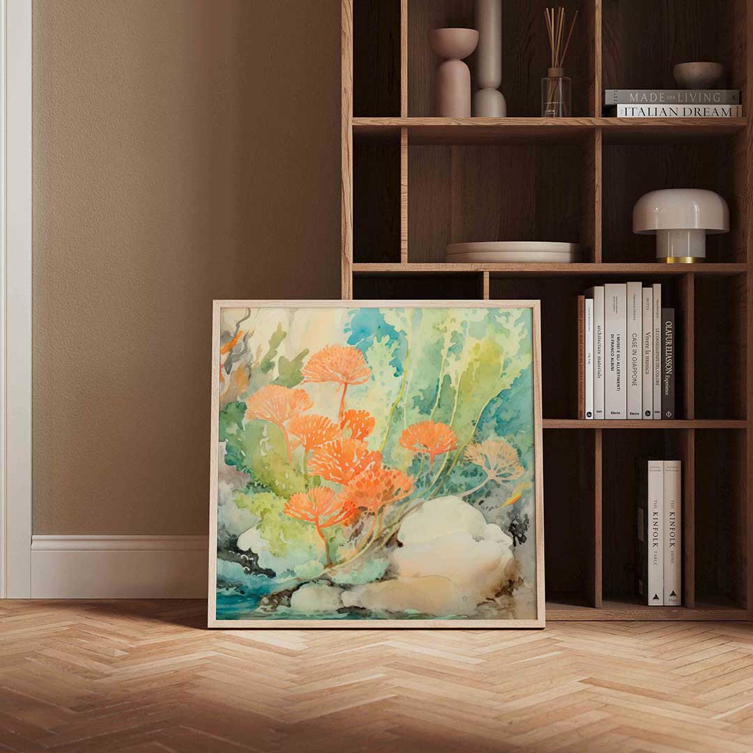 Oranje bloemen en groene bladeren Poster