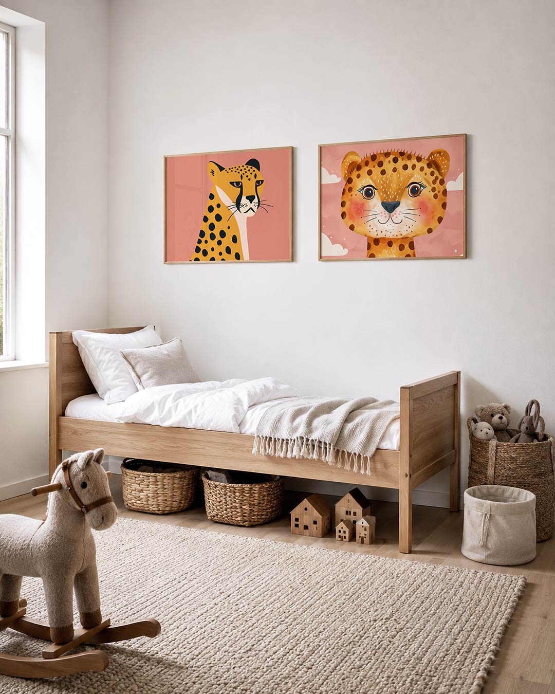 Tweedelige posterset met een gestileerde cheetah tegen een roze achtergrond, getoond in een interieur