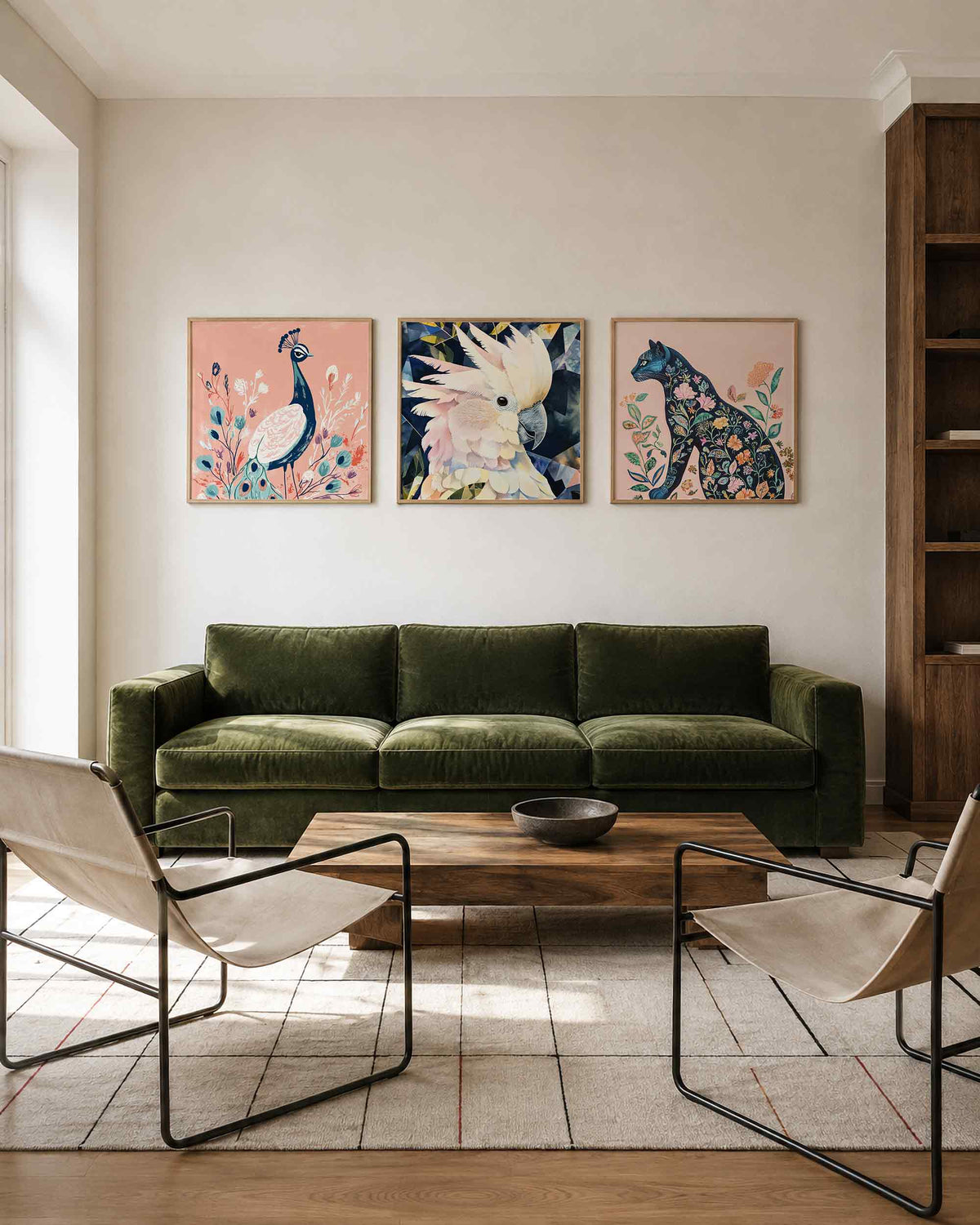 Interieurpresentatie van een driedelige vierkante posterset met vogels en bloemen