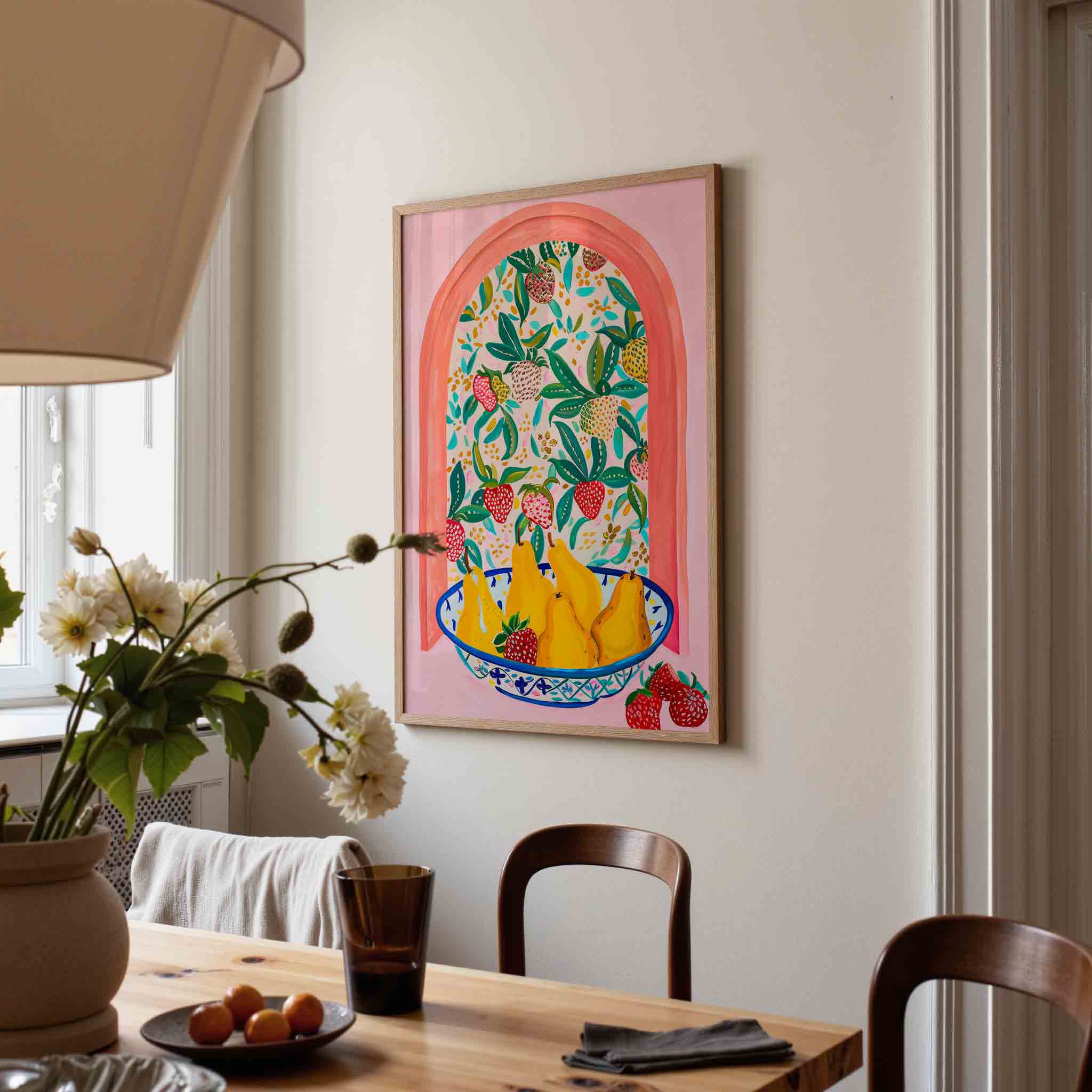 Fruitmand met peren en aardbeien Poster