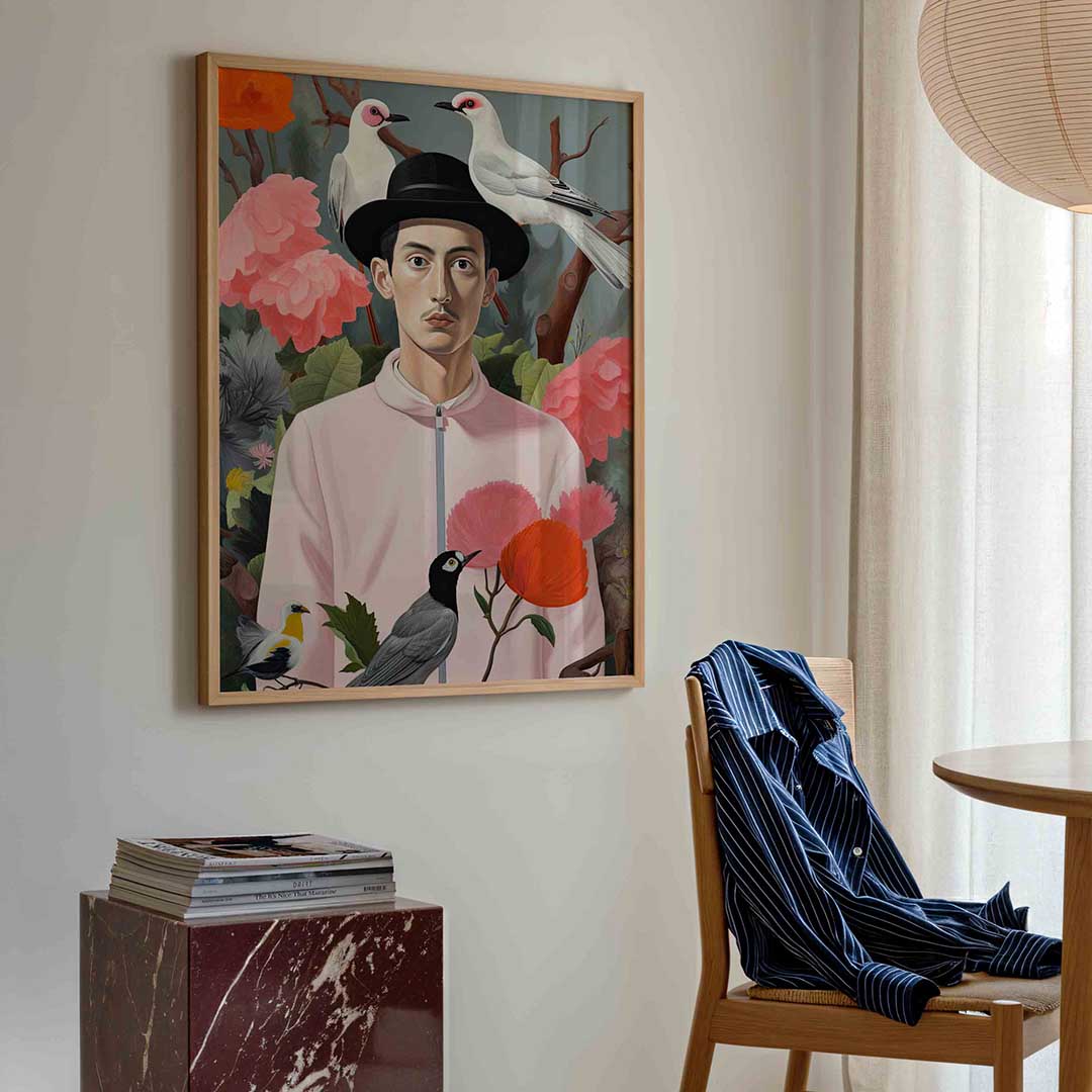 Man met vogels en bloemen Poster