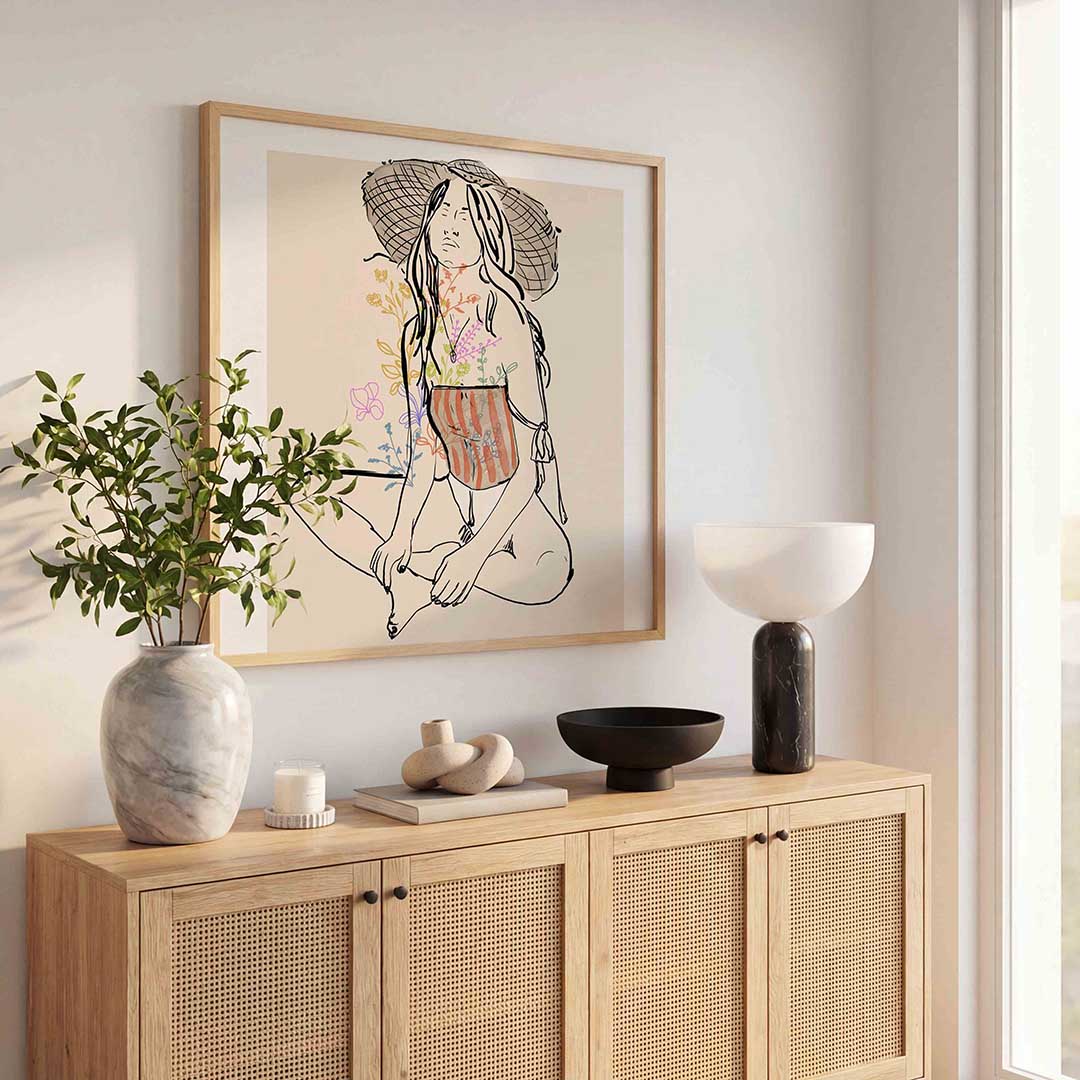 Zittende vrouw met bloemen Poster