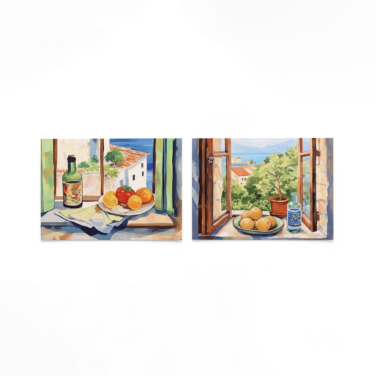 Twee liggende posters met een posterset in twee delen met fruit op een gebroken witte achtergrond