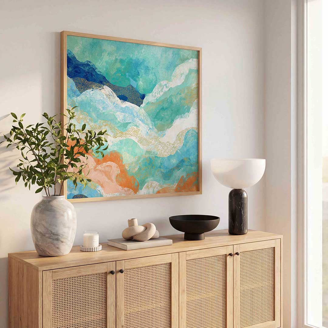 Golvende blauwe en oranje Poster