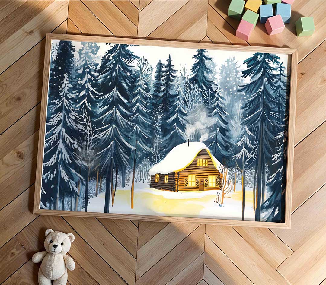 Winterlandschap met houten huis Poster