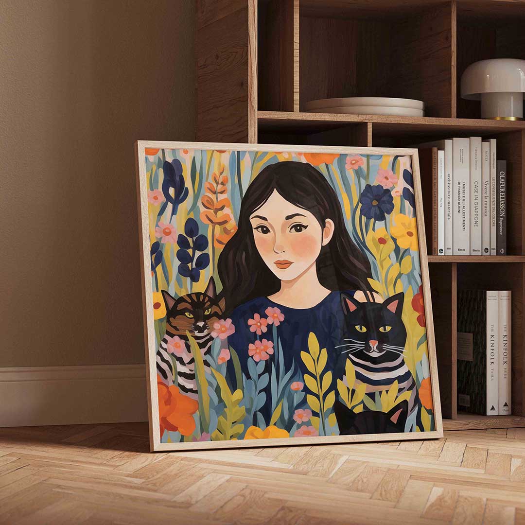 Meisje met katten en bloemen Poster