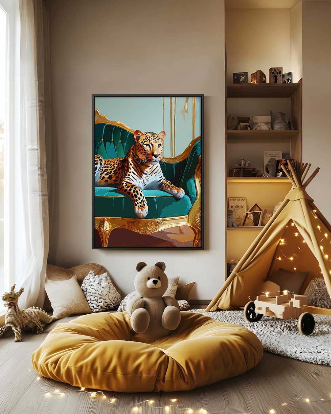 Luxuriöses Kunstwerk: Leopard auf Sofa