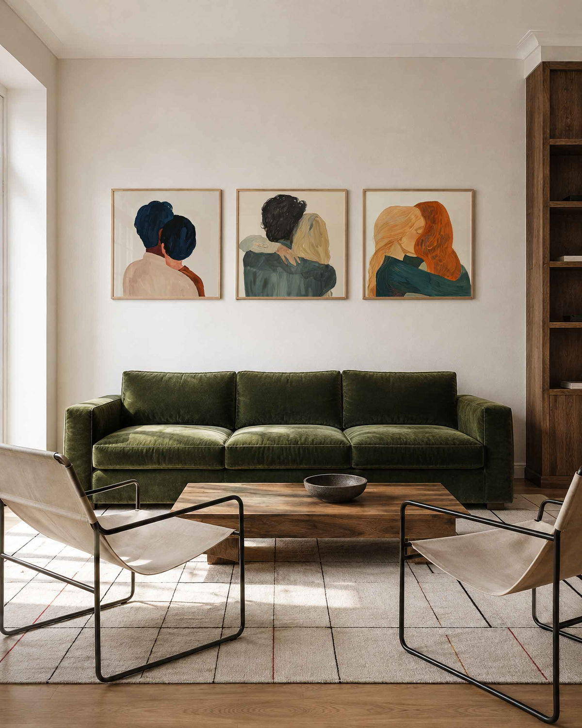 Interieurpresentatie van een driedelige vierkante posterset met intieme portretten