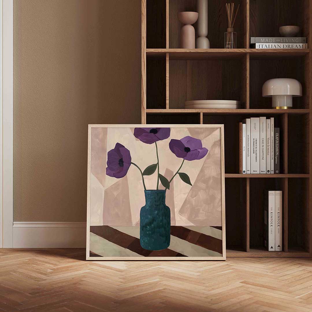 Paarse bloemen in vaas Poster