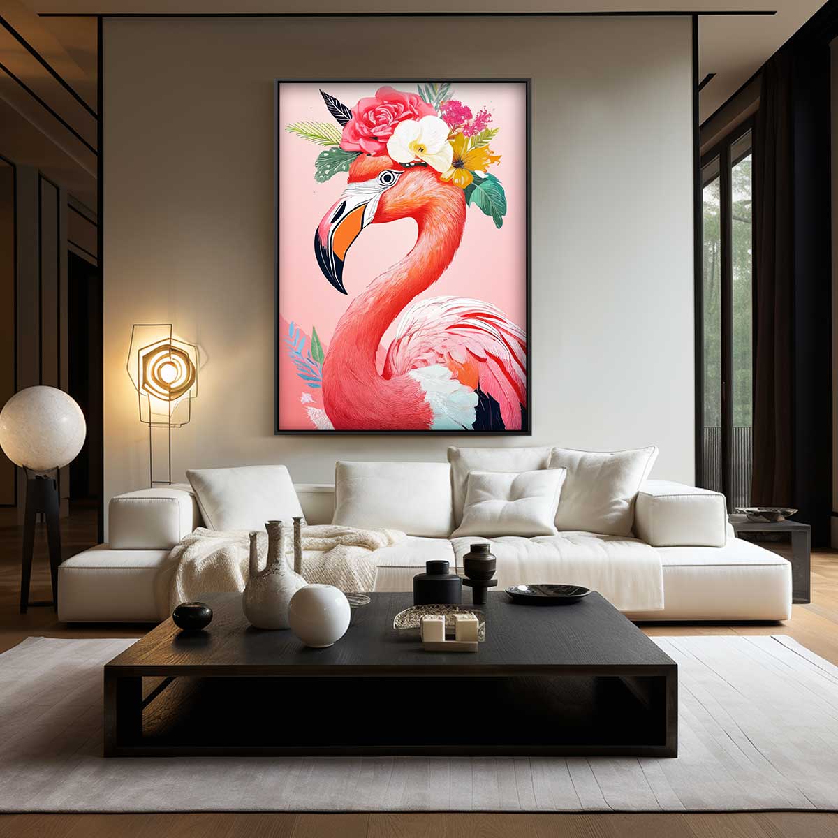 Bloemrijke Flamingo Kunstwerk-canvas-dibond-plexiglas-wanddecoratie-WallArtistic