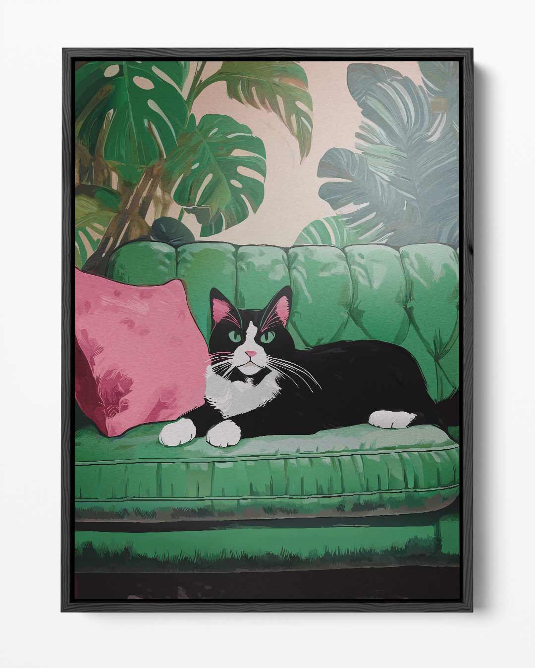 Kunstwerk: Katze auf grüner Bank