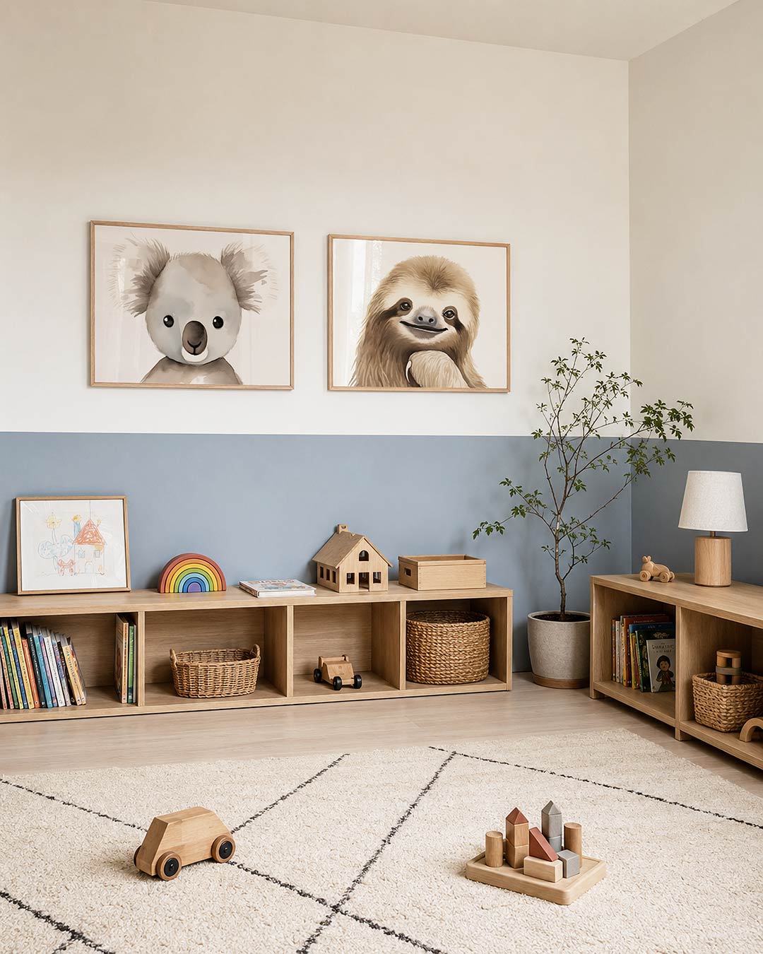 Tweedelige posterset met een schattige koala met zachte, vloeiende lijnen en fijne grijstinten, getoond in een interieur