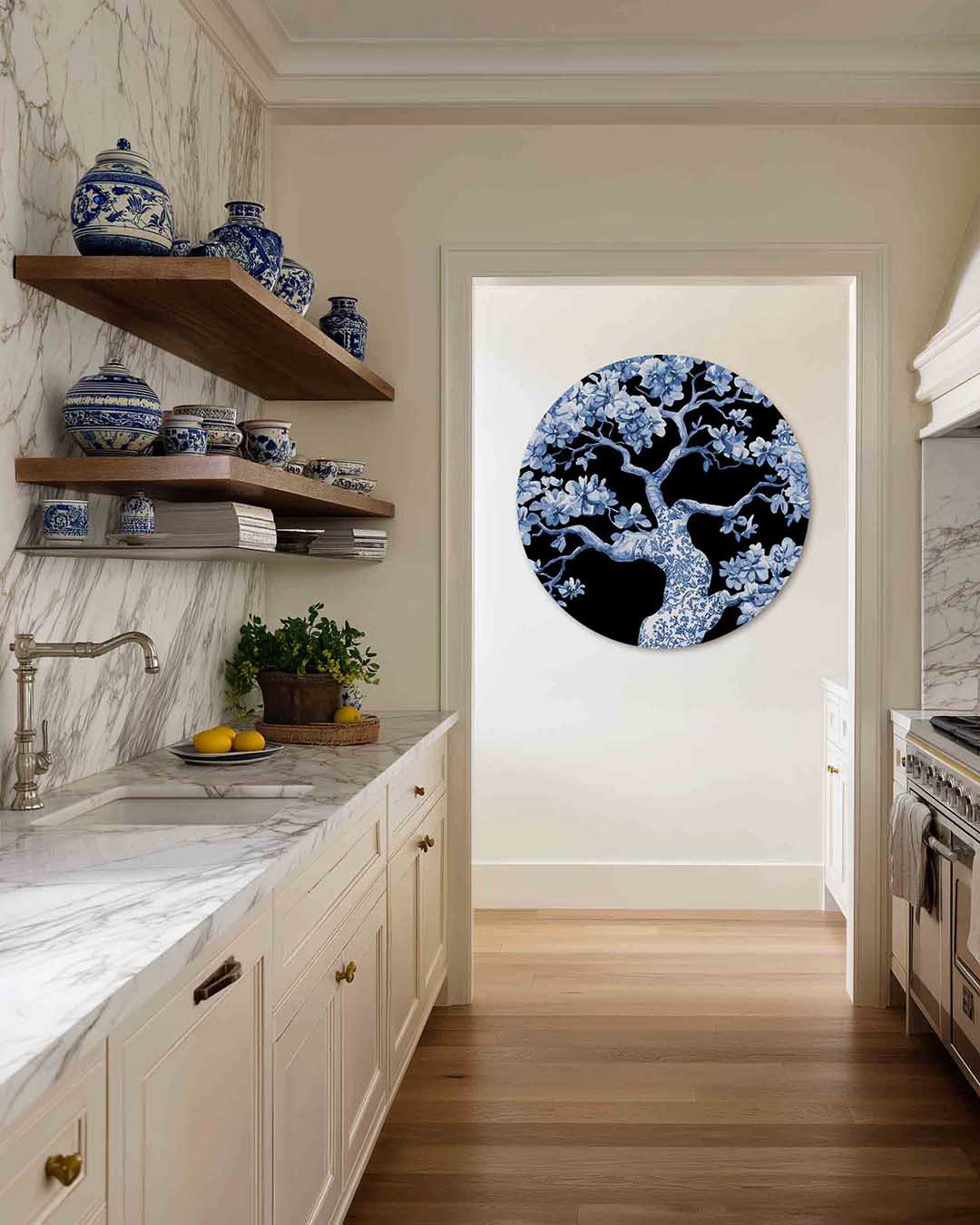 Blauwe boom met bloemen Muurcirkel