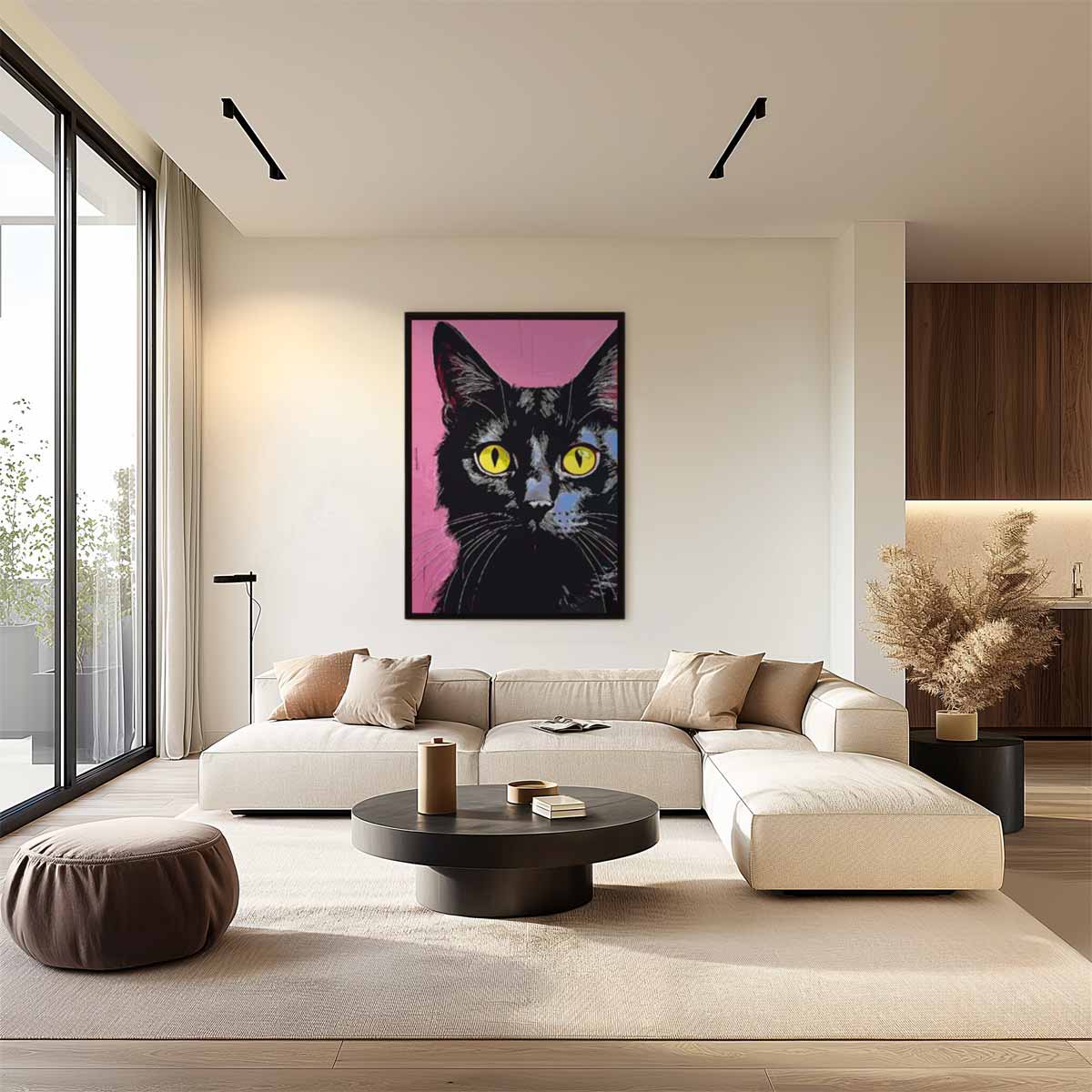 Kunstwerk: Katze mit gelben Augen auf rosa Hintergrund