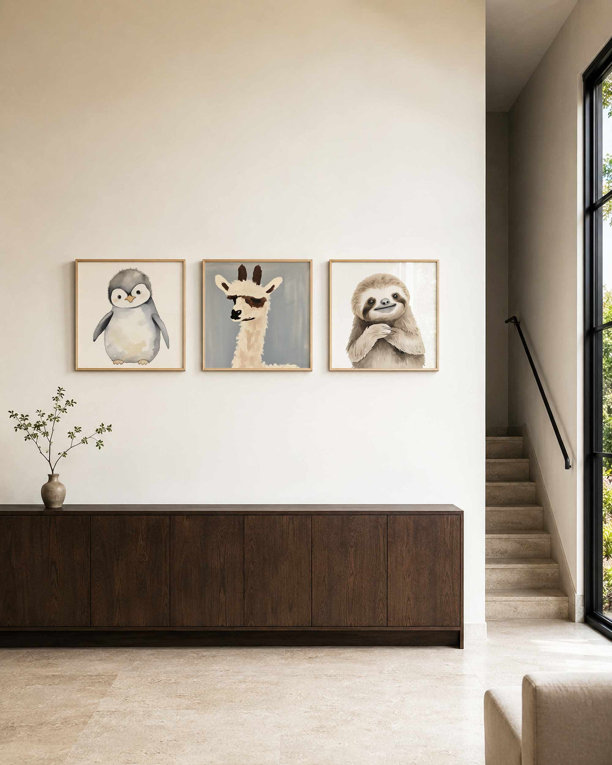Interieurpresentatie van een driedelige vierkante posterset met dierenportretten