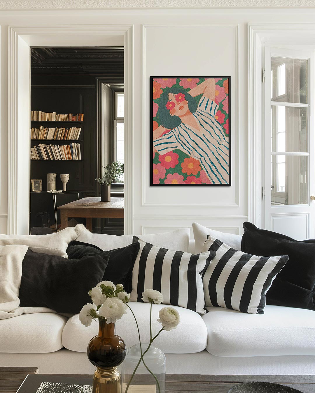 Vrouw in bloemenveld Kunstwerk