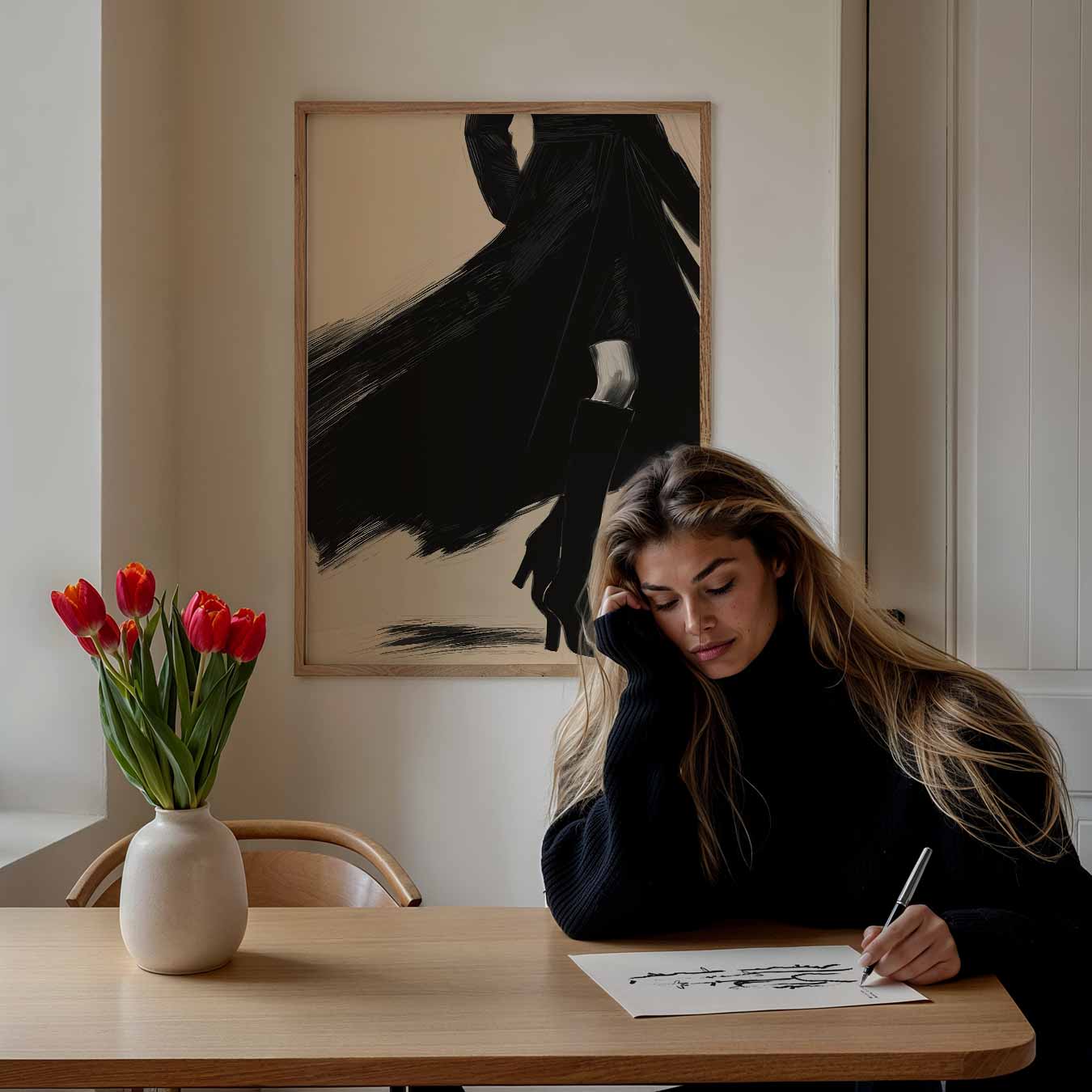 Elegante Stijlvolle Vrouw in Zwart Poster-WallArtistic