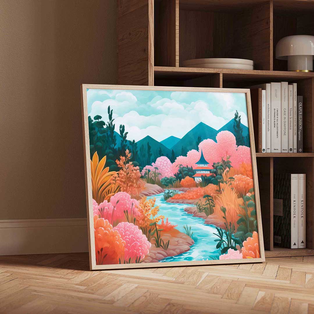 Landschap met bergen en rivier Poster