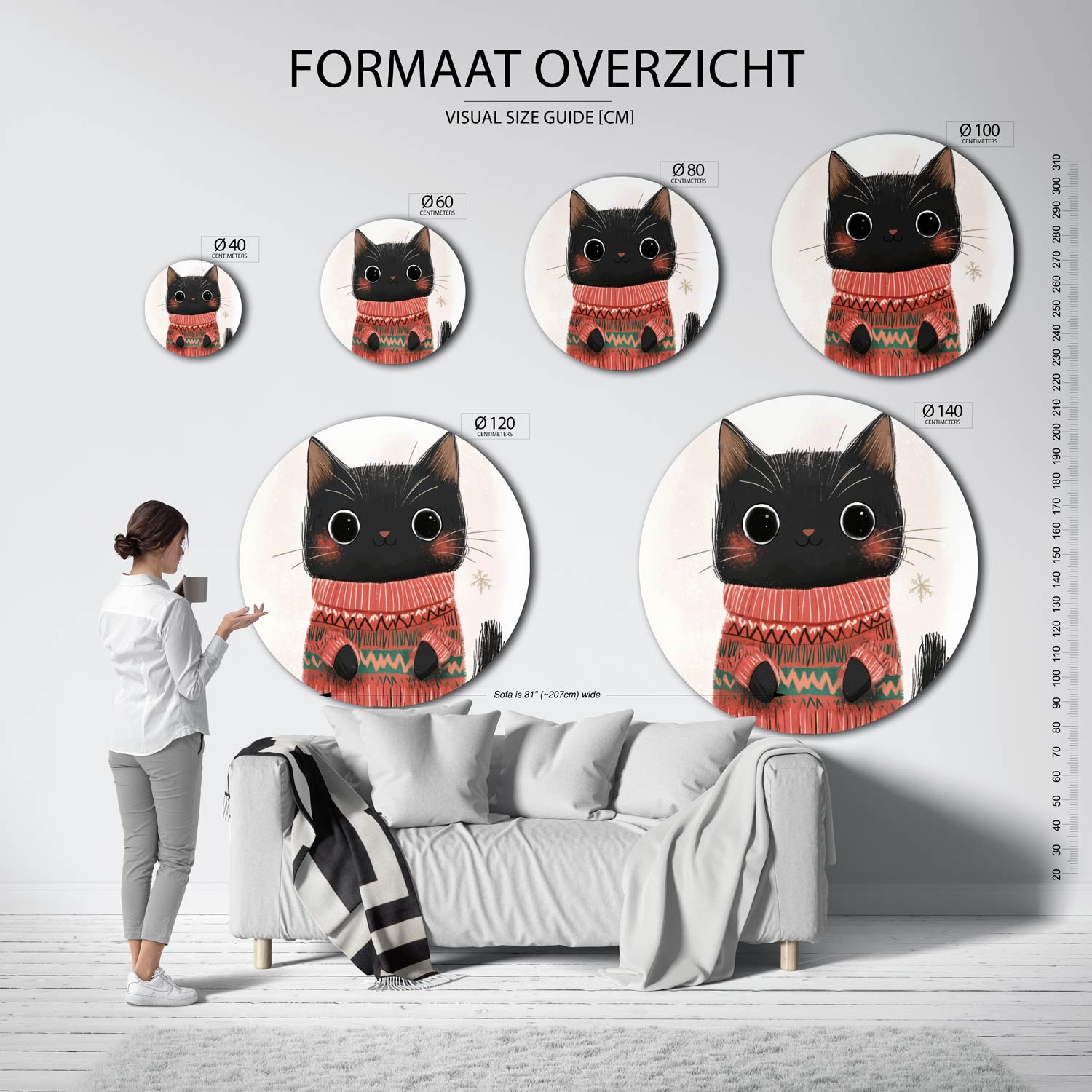 Zwarte kat met trui Muurcirkel