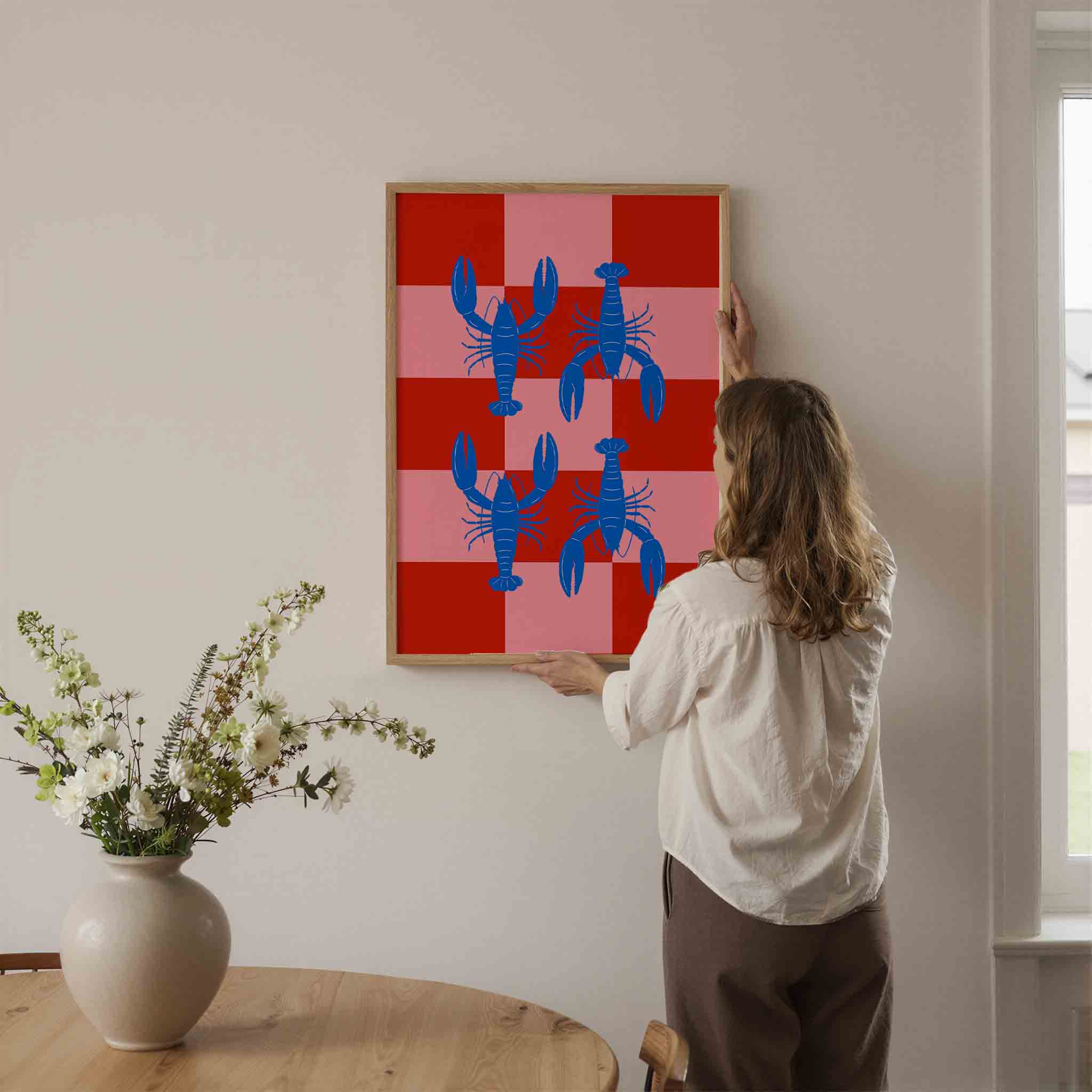 Blauwe kreeften op geruite achtergrond Poster