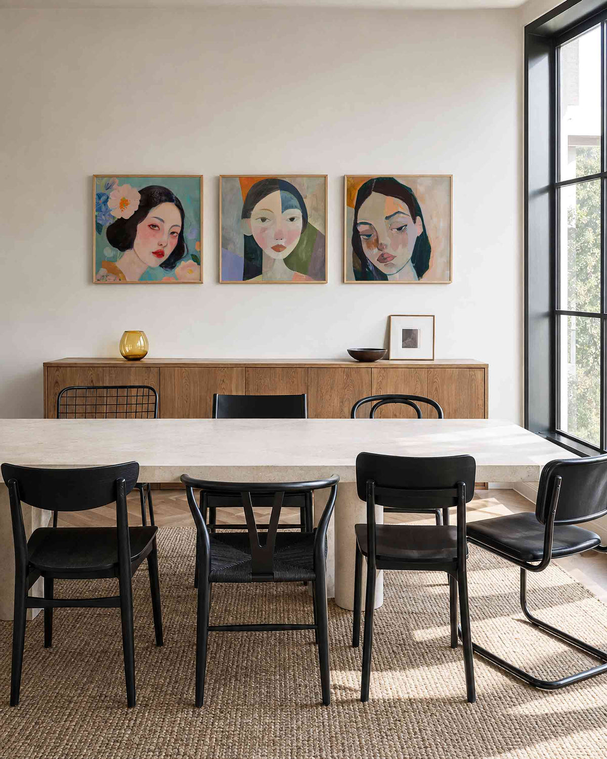 Interieurpresentatie van een driedelige vierkante posterset met vrouwengezichten kunst