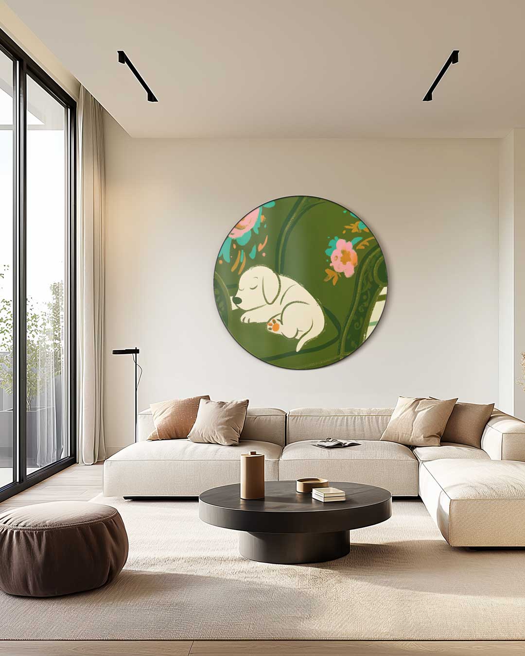 Schattige Slapende Pup op Bloemenstoel Muurcirkel-WallArtistic