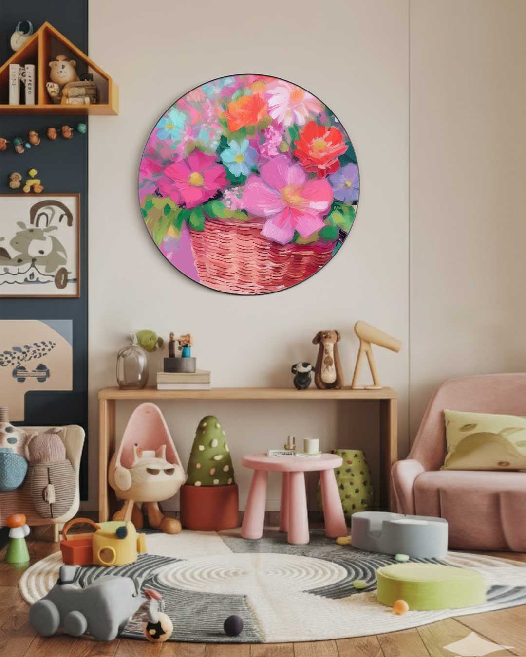 Fietsmand Bloemenpracht Muurcirkel-WallArtistic