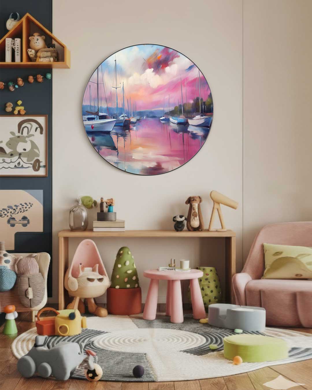 Kleurrijke Zonsopgang Haven Muurcirkel-WallArtistic