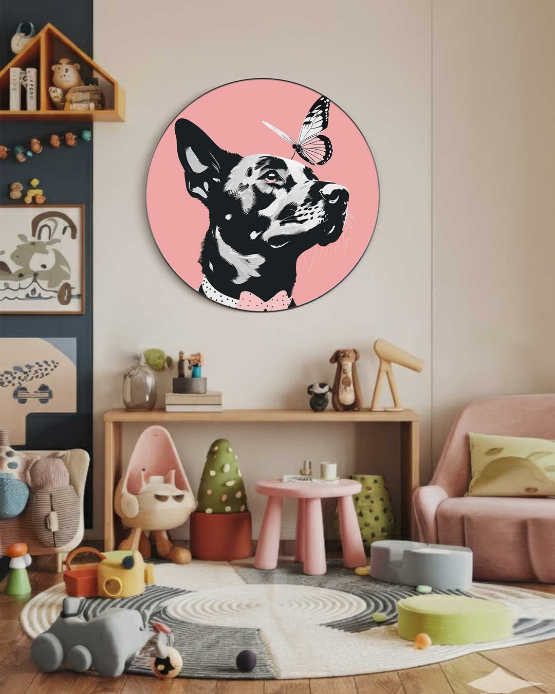 Hond met Vlinder Muurcirkel-WallArtistic