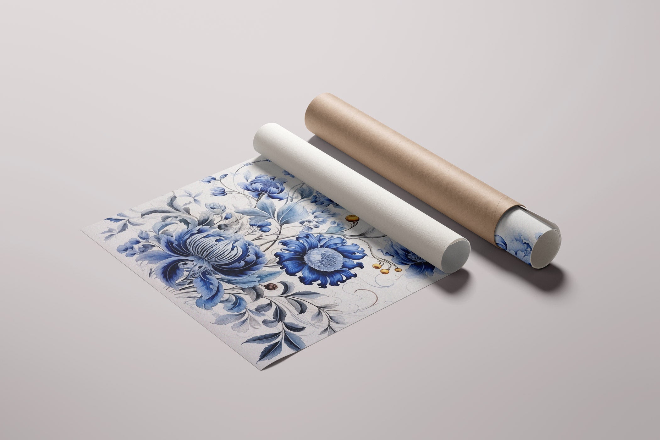 Blue flowers in Delft blue style Poster