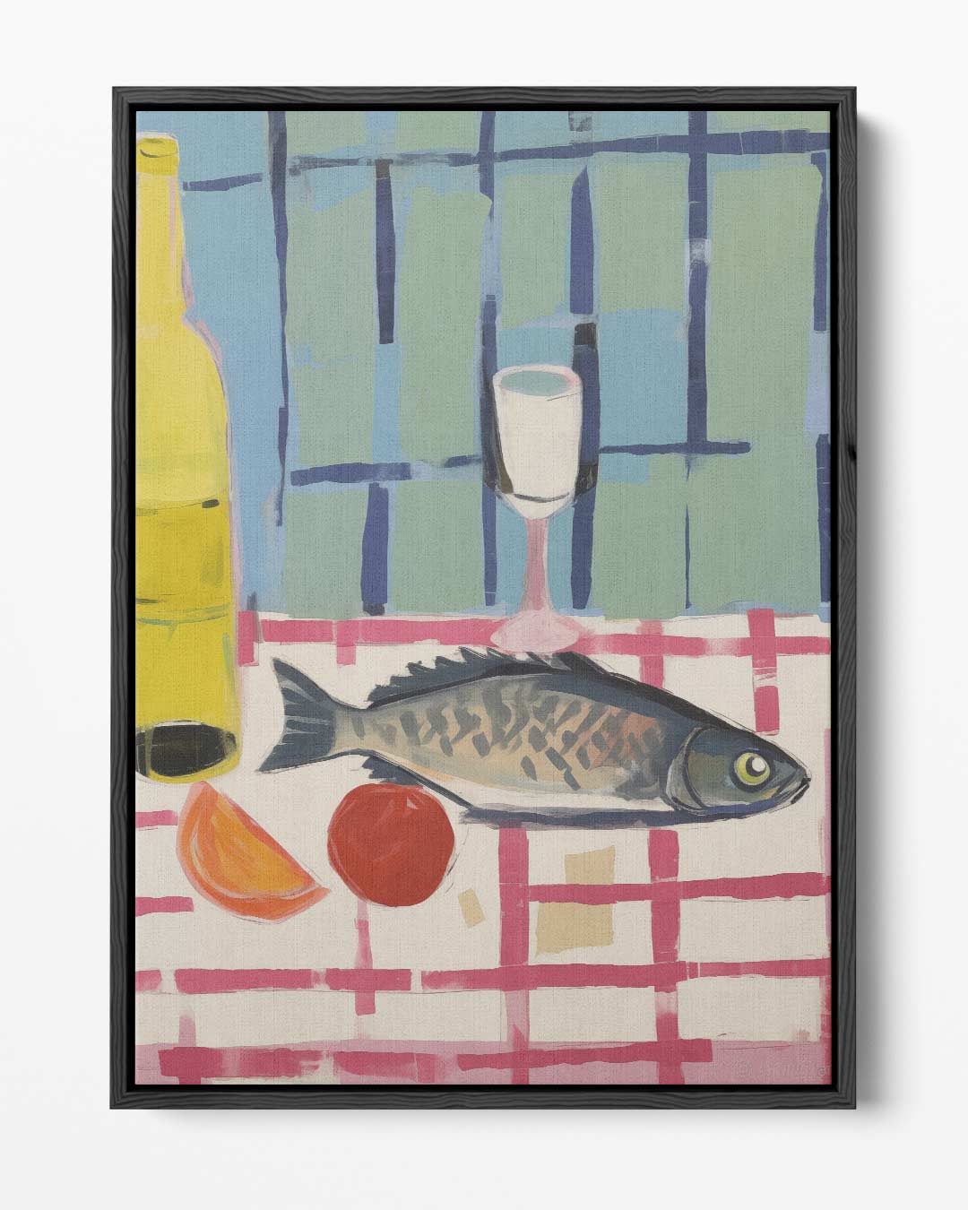 Fisch mit Wein auf kariertem Tischtuch