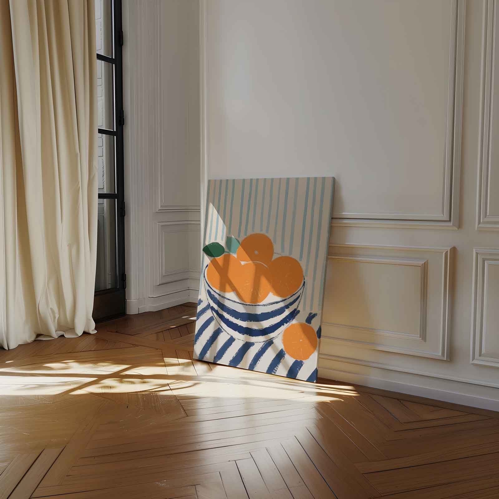 Blauwe kom met sinaasappels op gestreept tafelkleed Kunstwerk-canvas-dibond-plexiglas-wanddecoratie-WallArtistic