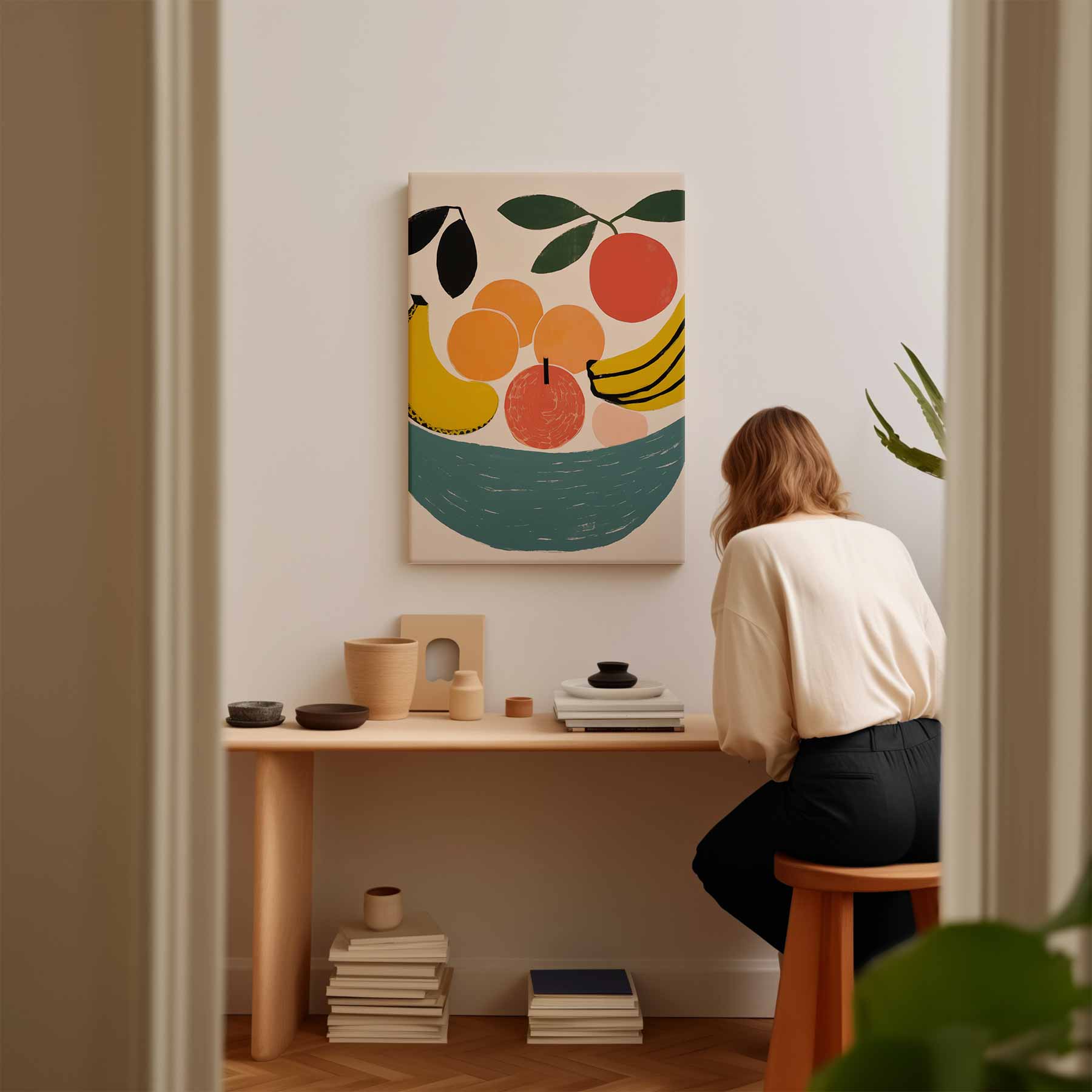 Kleurrijke fruitschaal met bananen en perziken Kunstwerk-canvas-dibond-plexiglas-wanddecoratie-WallArtistic