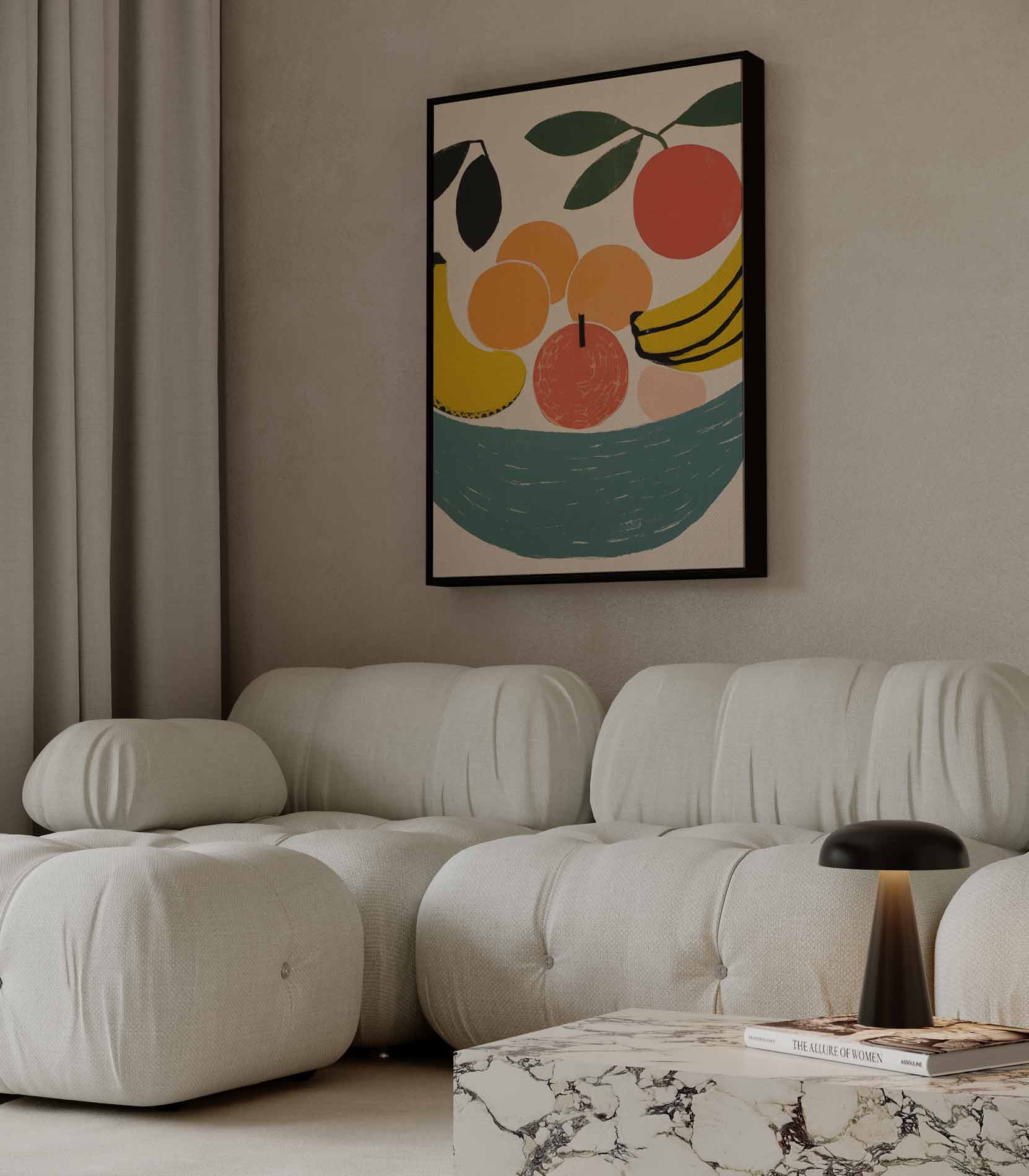 Kleurrijke fruitschaal met bananen en perziken Kunstwerk-canvas-dibond-plexiglas-wanddecoratie-WallArtistic