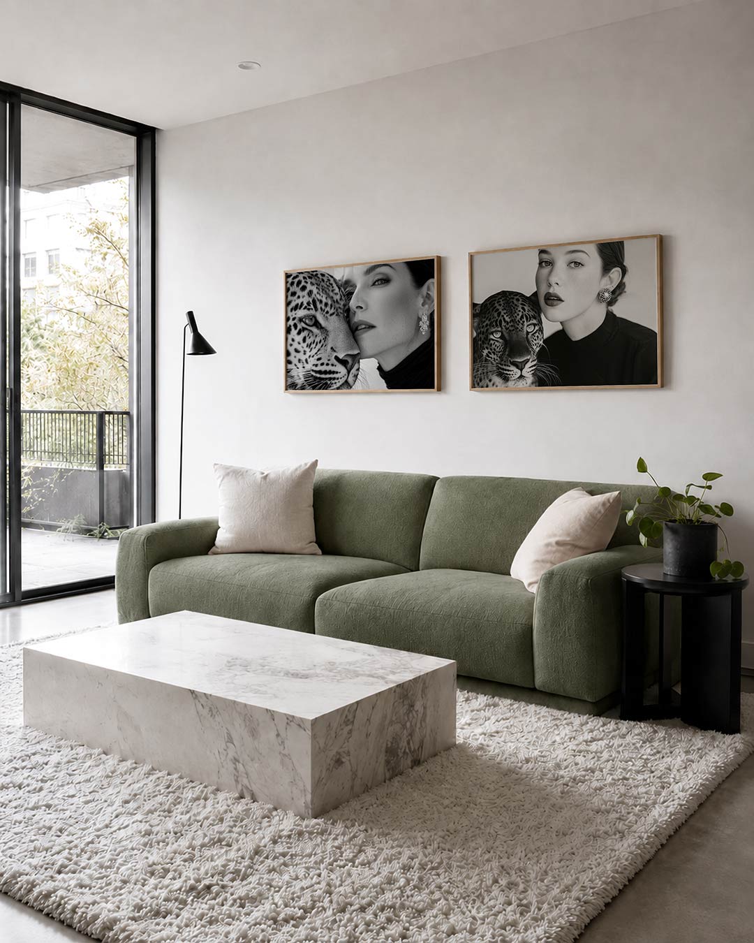 Tweedelige posterset met donkere tinten en een rustige visuele opbouw, getoond in een interieur