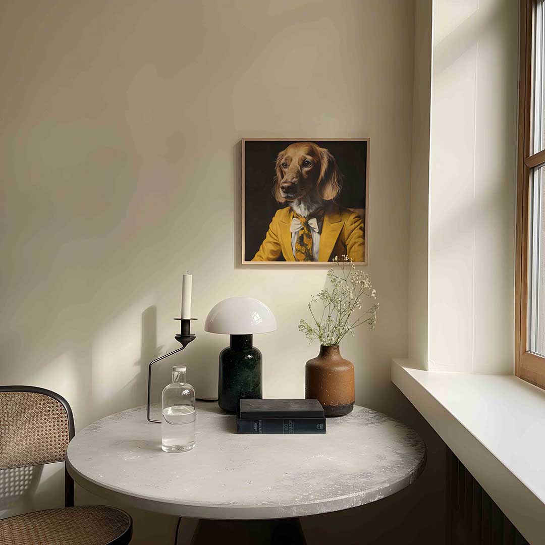 Hond in geel kostuum Poster