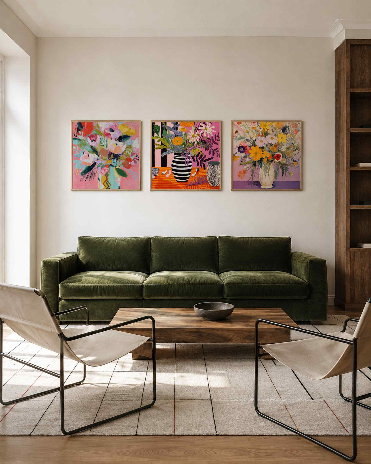 Interieurpresentatie van een driedelige vierkante posterset met kleurrijke bloemen