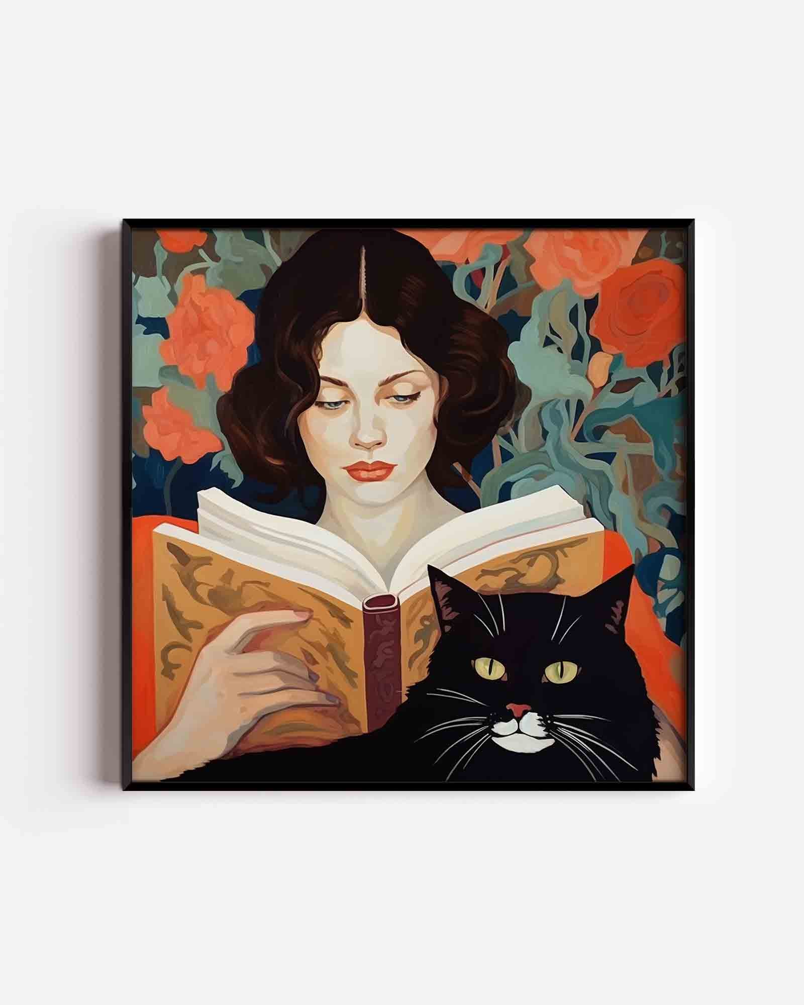 Lezende vrouw en kat Poster