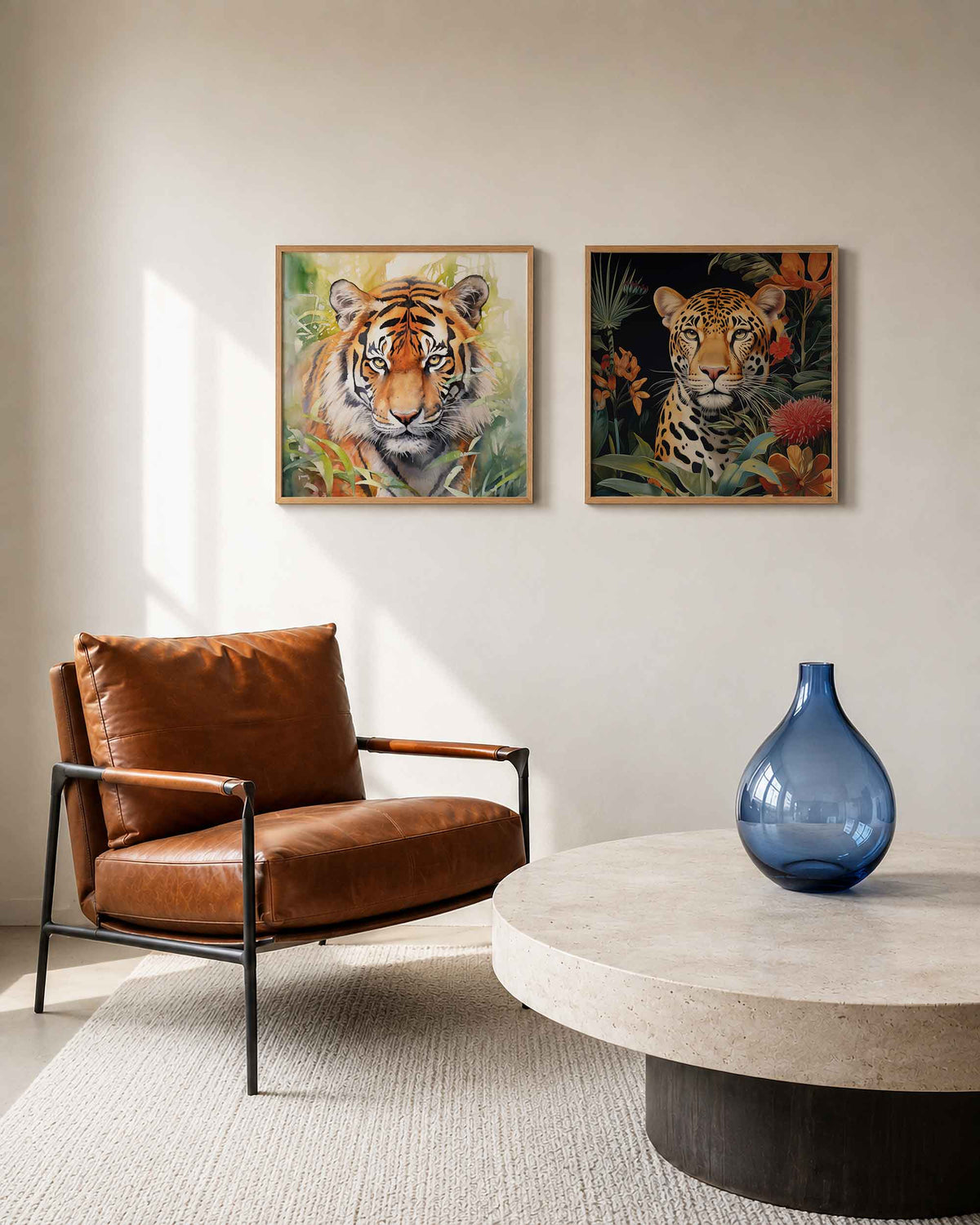 Interieurpresentatie van een tweedelige vierkante posterset met tijger en panter