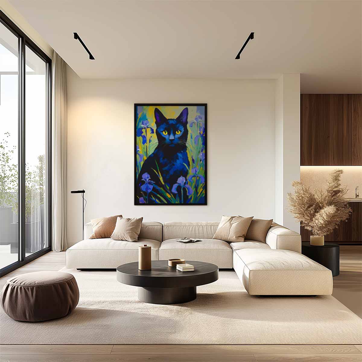 Kunstwerk: Mystische Katze im Blumengarten