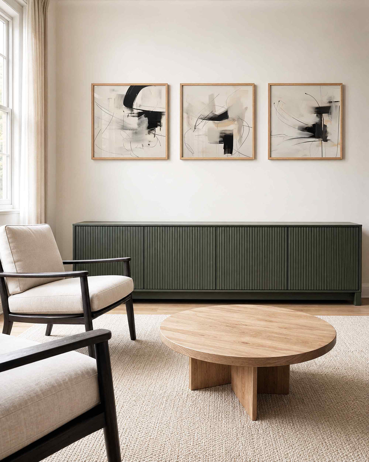 Interieurpresentatie van een driedelige vierkante posterset met abstracte zwart wit