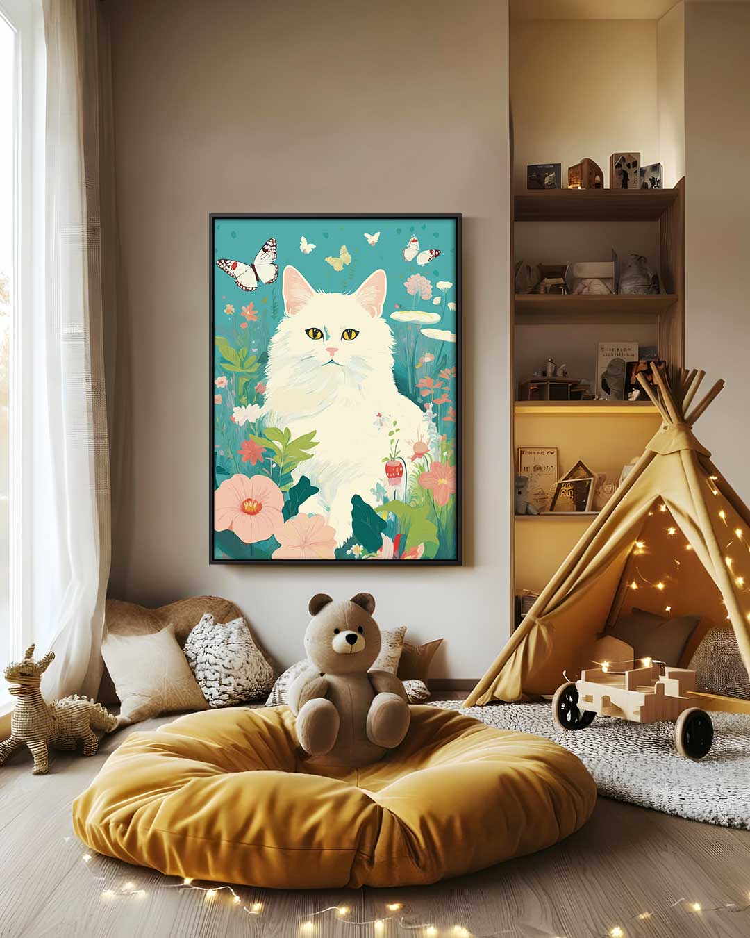 Kunstwerk: Verträumte Katze im Blumengarten