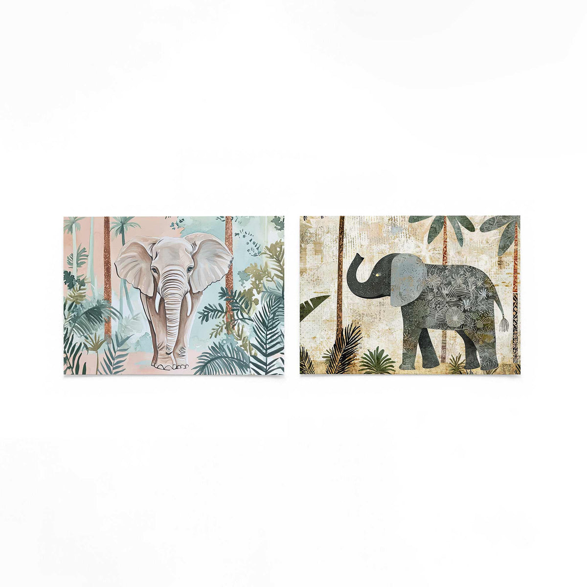 Twee liggende posters met een olifant centraal, tussen groene bladeren en palmbomen op een gebroken witte achtergrond